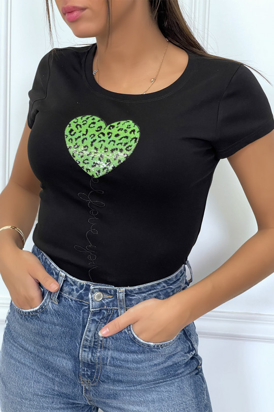 T-shirt noir à manches courtes avec inscription/coeur pailleté vert - 5