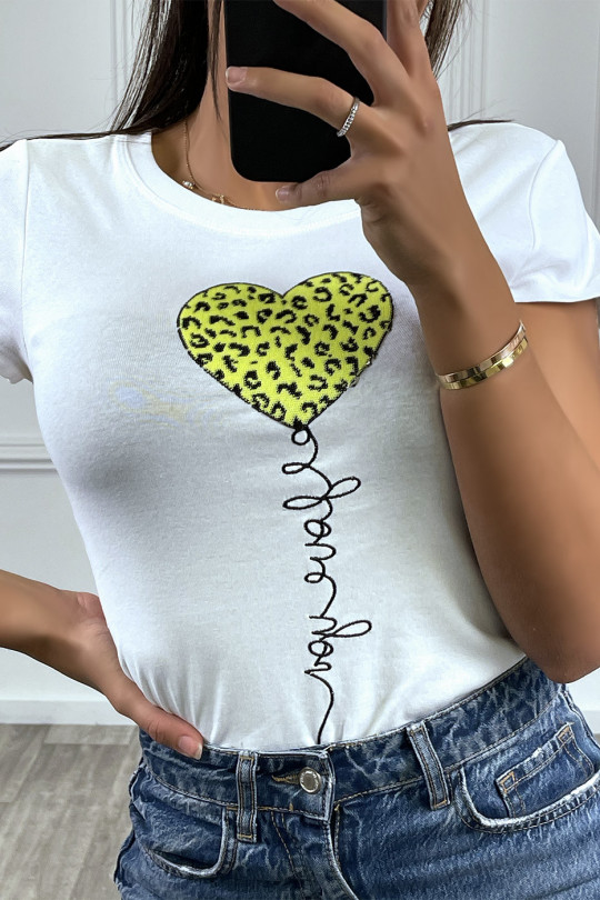 White short-sleeved T-shirt with lettering / yellow glitter heart - 2