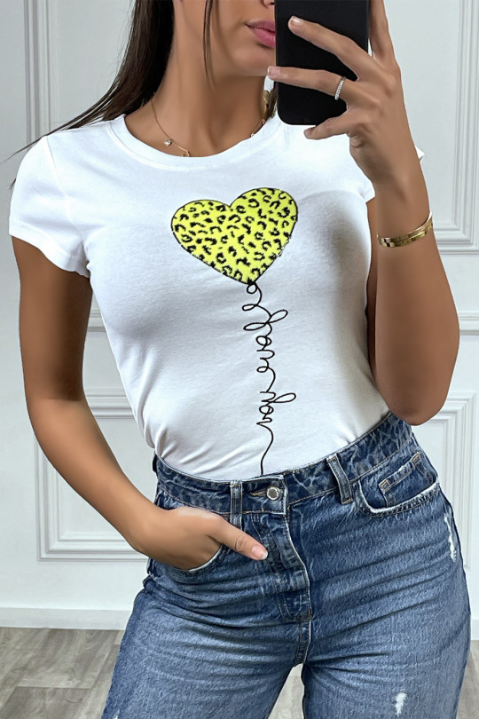 White short-sleeved T-shirt with lettering / yellow glitter heart - 3