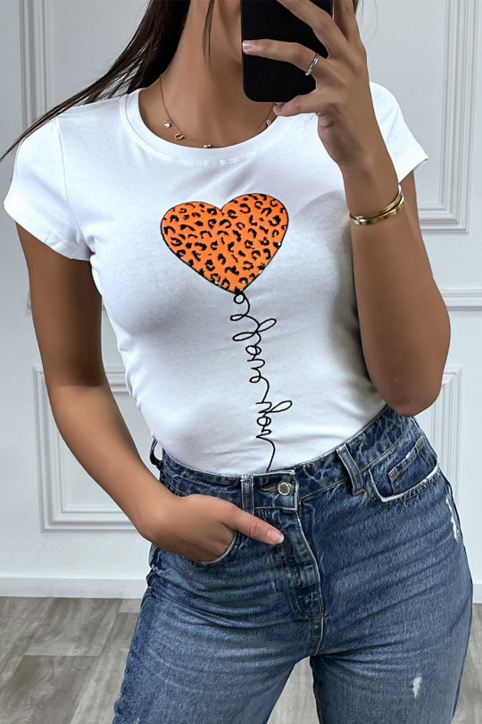 T-shirt blanc à manches courtes avec inscription/coeur pailleté orange - 3