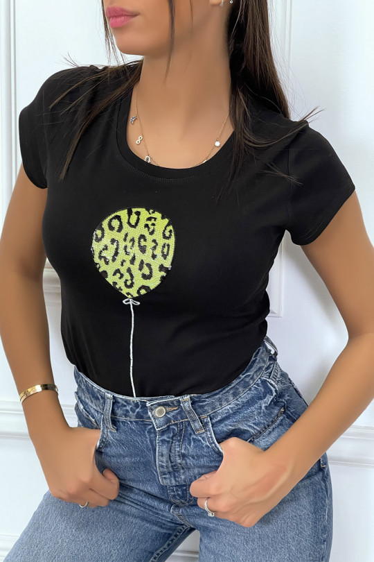 Black short-sleeved t-shirt with yellow glitter lettering/balloon - 1