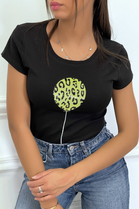 Black short-sleeved t-shirt with yellow glitter lettering/balloon - 2