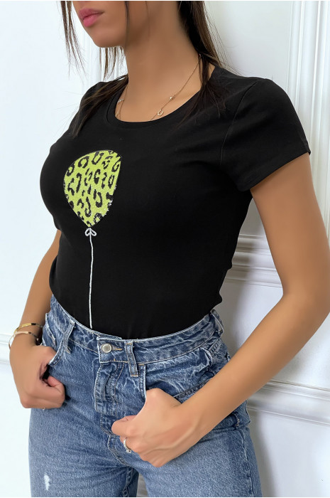 Zwart T-shirt met korte mouwen en gele glitterletters/ballon - 3
