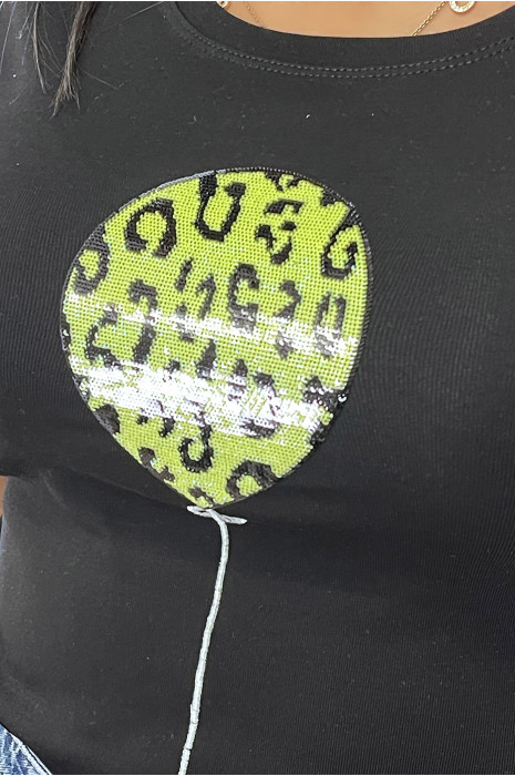 Zwart T-shirt met korte mouwen en gele glitterletters/ballon - 4