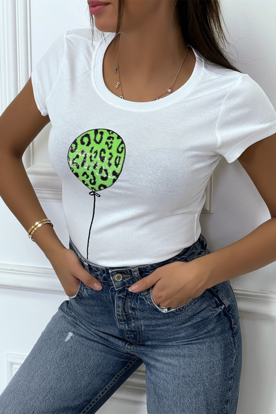 White short-sleeved T-shirt with green glittery lettering / balloon - 1