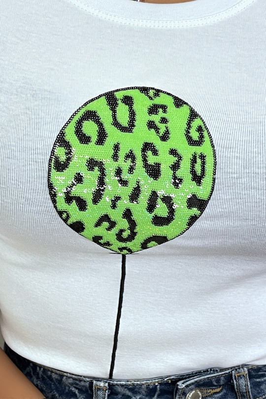 White short-sleeved T-shirt with green glittery lettering / balloon - 2