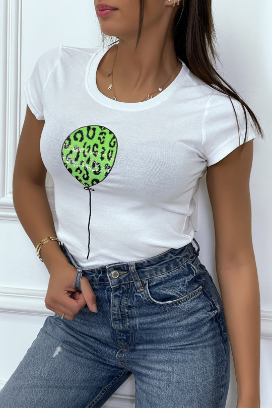 White short-sleeved T-shirt with green glittery lettering / balloon - 3