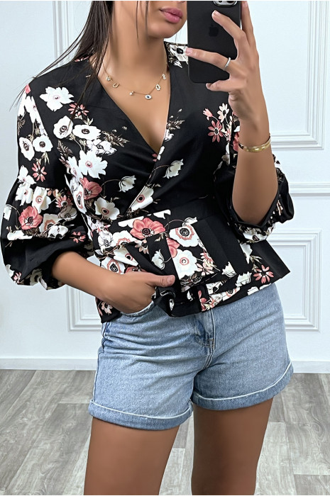 Top volant noir à motif fleurie - 1