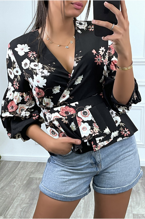 Top volant noir à motif fleurie - 2