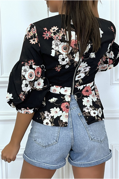 Top volant noir à motif fleurie - 3