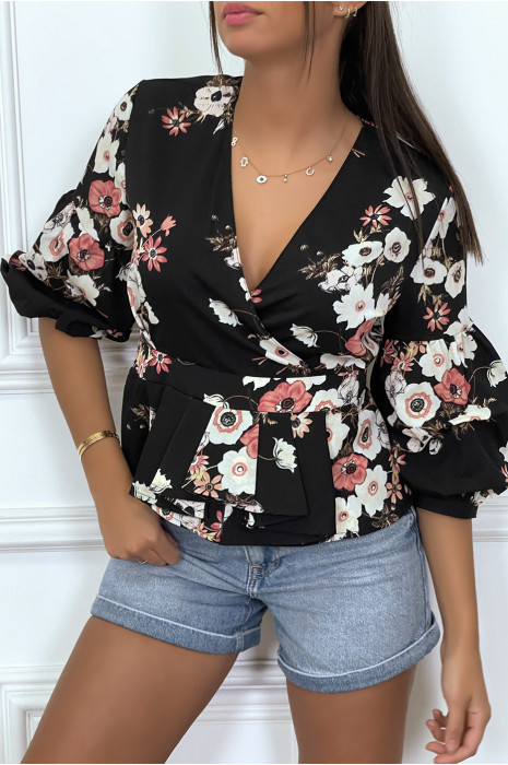 Top volant noir à motif fleurie - 4