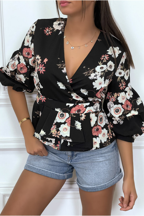 Top volant noir à motif fleurie - 5