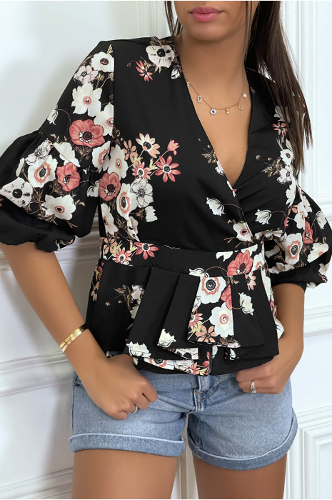 Top volant noir à motif fleurie - 6