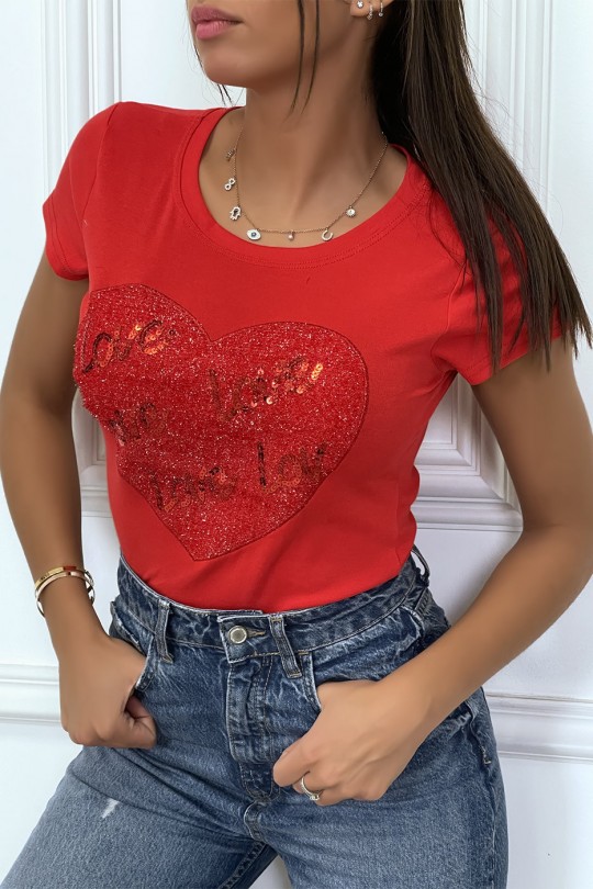 Tee-shirt rouge avec coeur et inscription love pailleté - 1