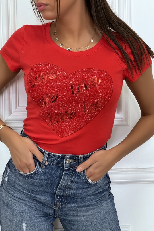 Tee-shirt rouge avec coeur et inscription love pailleté - 2