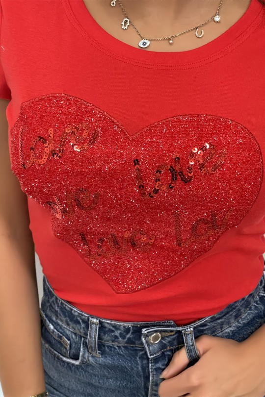Tee-shirt rouge avec coeur et inscription love pailleté - 3
