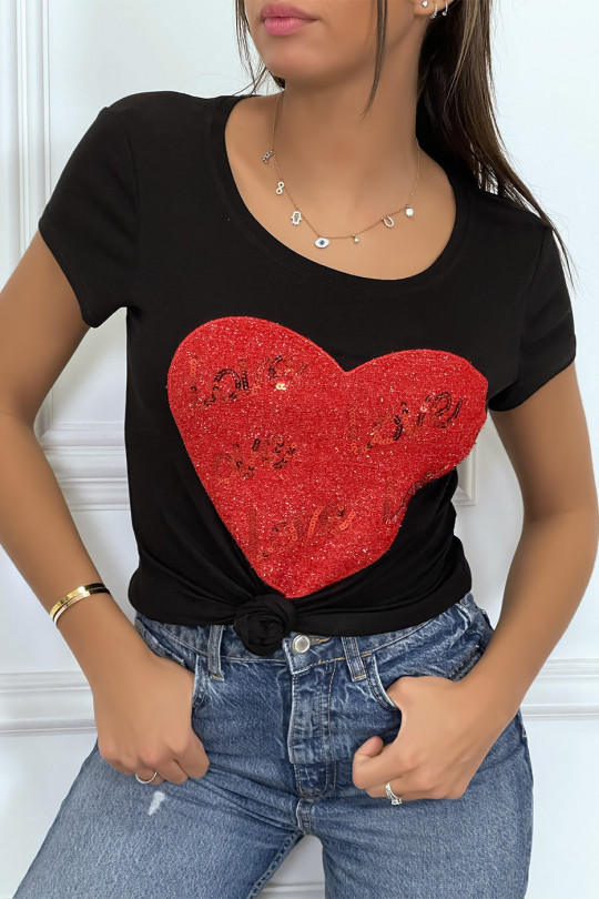 Tee-shirt noir avec coeur et inscription love pailleté - 1