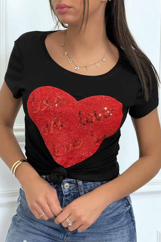 Tee-shirt noir avec coeur et inscription love pailleté - 2