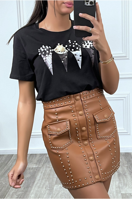 Short-sleeved black t-shirt with "ice cream cones" designs - 1