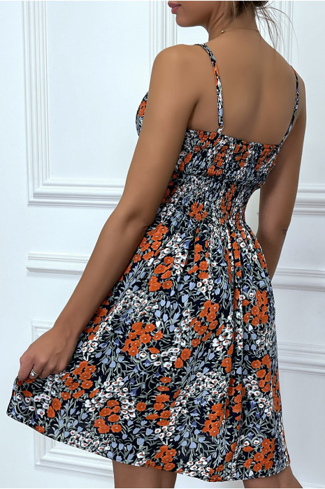 Robe courte imprimés fleuries marine et rouge, avec bretelles - 1