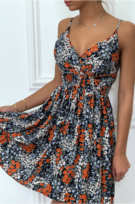 Robe courte imprimés fleuries marine et rouge, avec bretelles - 3