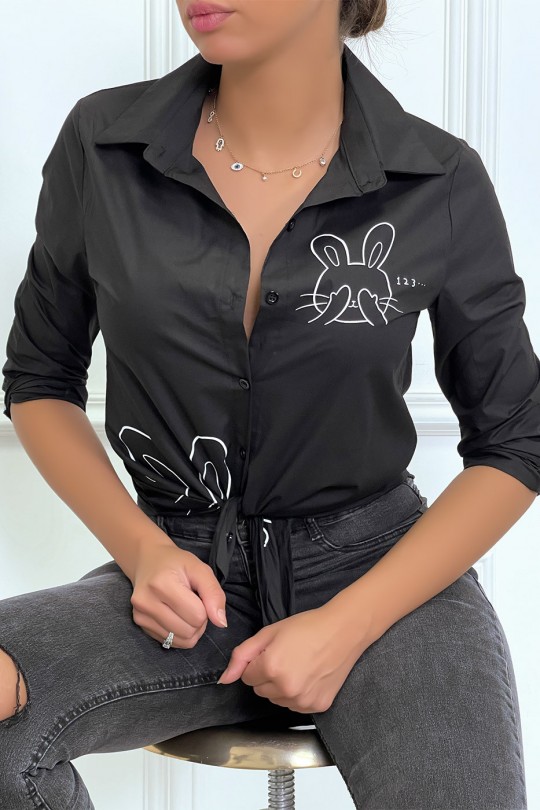 Chemise noire à manches longues avec dessins de lapins - 2