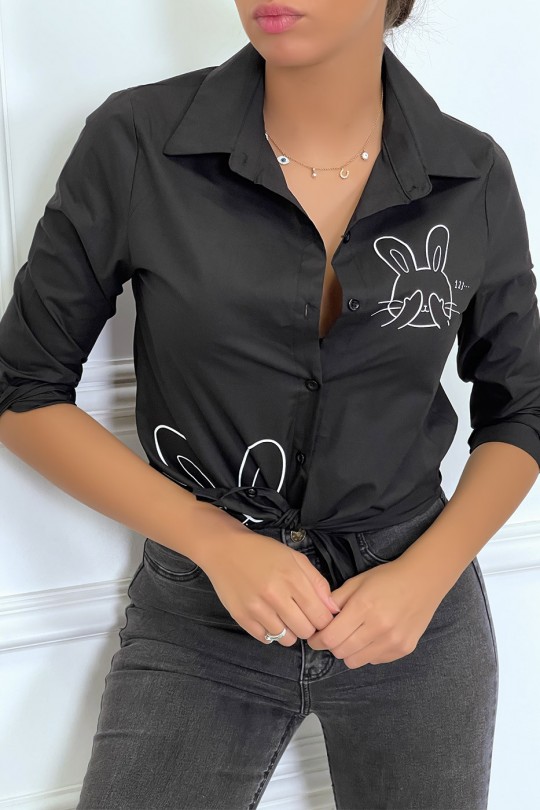 Chemise noire à manches longues avec dessins de lapins - 3