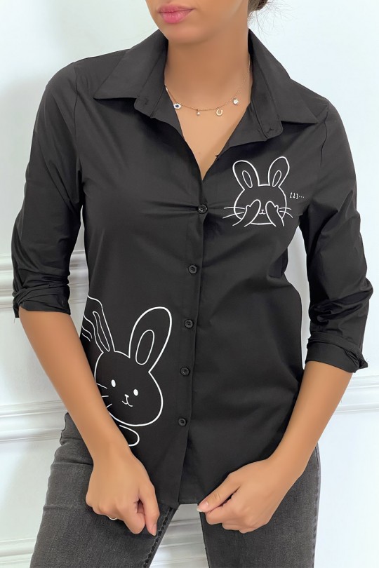 Chemise noire à manches longues avec dessins de lapins - 4