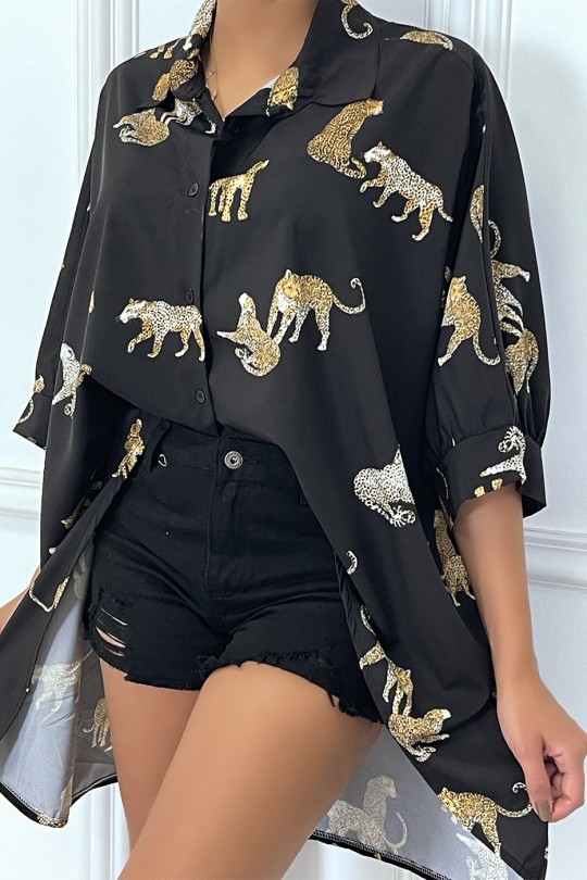 Chemise noire longue à l'arrière, imprimés léopard avec manches amples - 2