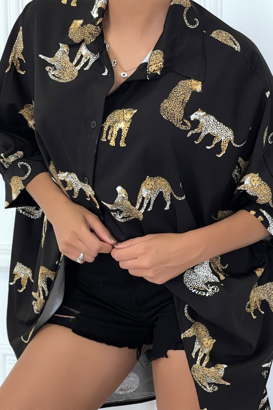 Chemise noire longue à l'arrière, imprimés léopard avec manches amples - 3