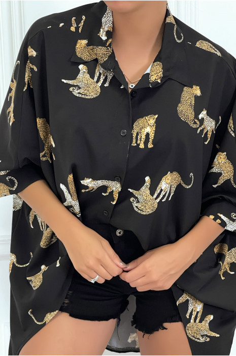 Chemise noire longue à l'arrière, imprimés léopard avec manches amples - 4