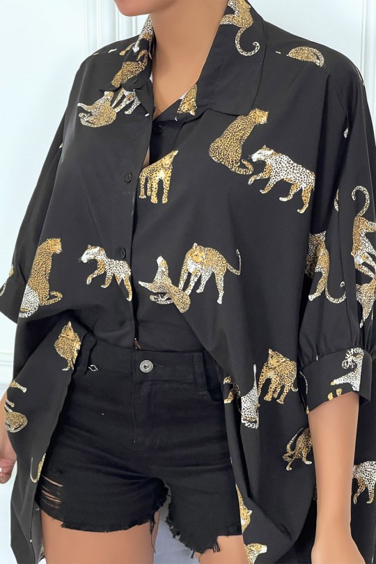 Chemise noire longue à l'arrière, imprimés léopard avec manches amples - 7
