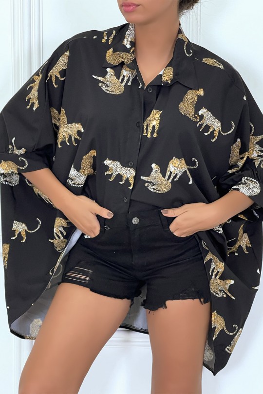 Chemise noire longue à l'arrière, imprimés léopard avec manches amples - 8