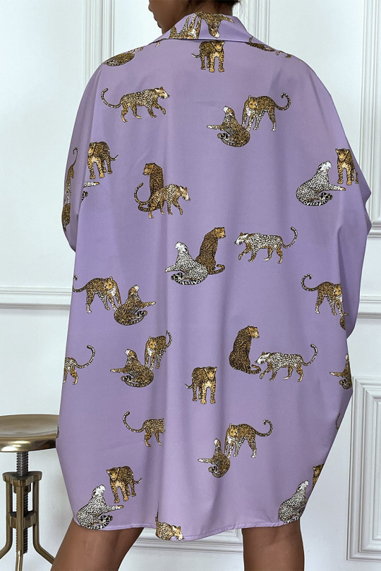 Lang lila shirt aan de achterkant, luipaardprints met losse mouwen - 1