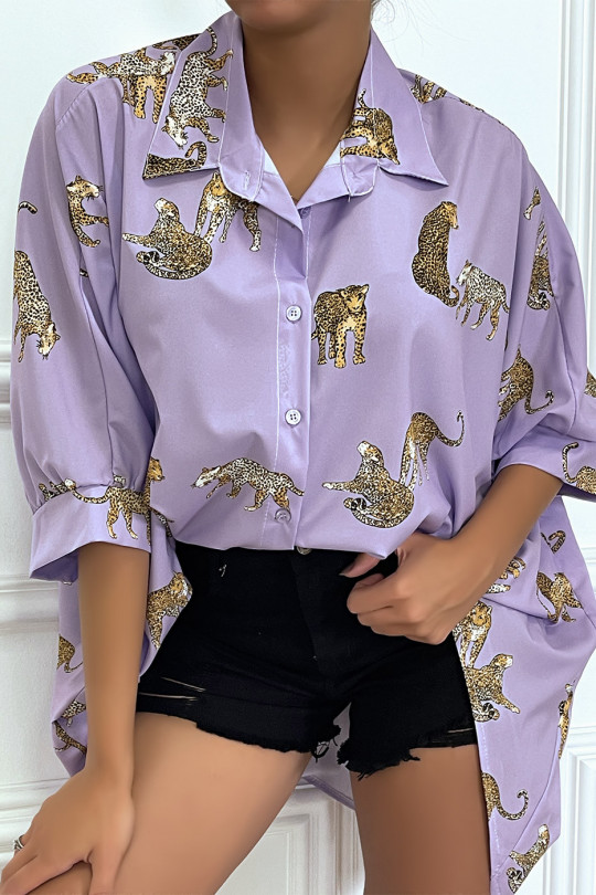 Chemise lila longue à l'arrière, imprimés léopard avec manches amples - 2