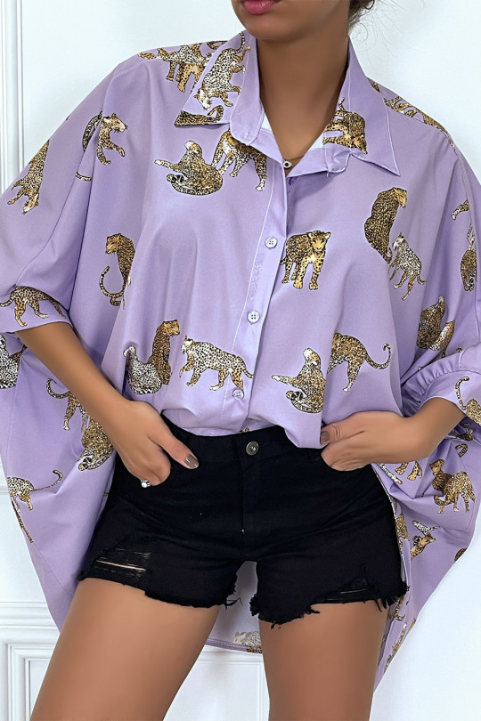 Chemise lila longue à l'arrière, imprimés léopard avec manches amples - 4