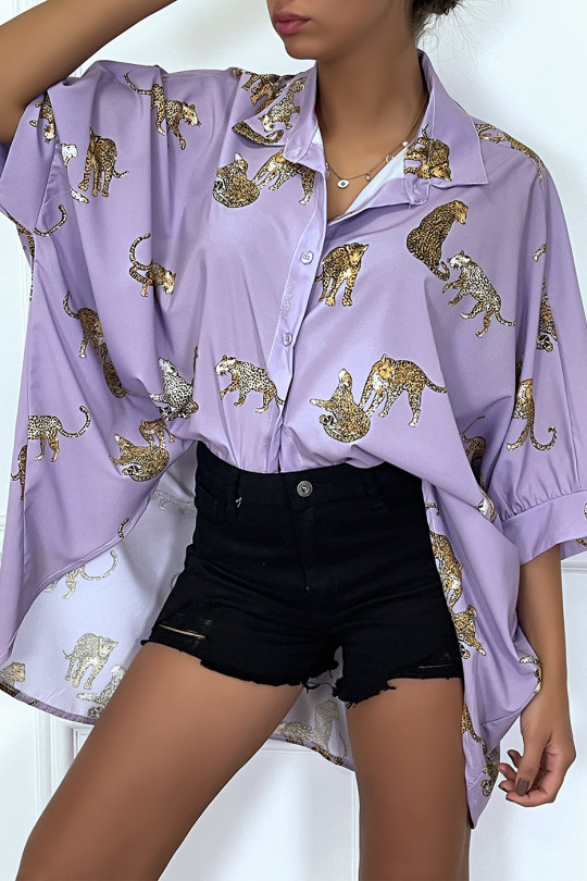 Lang lila shirt aan de achterkant, luipaardprints met losse mouwen - 5