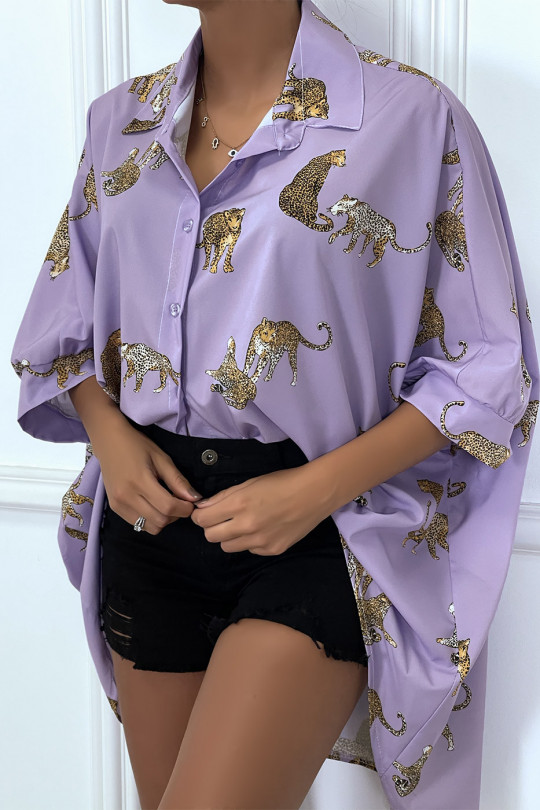 Lang lila shirt aan de achterkant, luipaardprints met losse mouwen - 6
