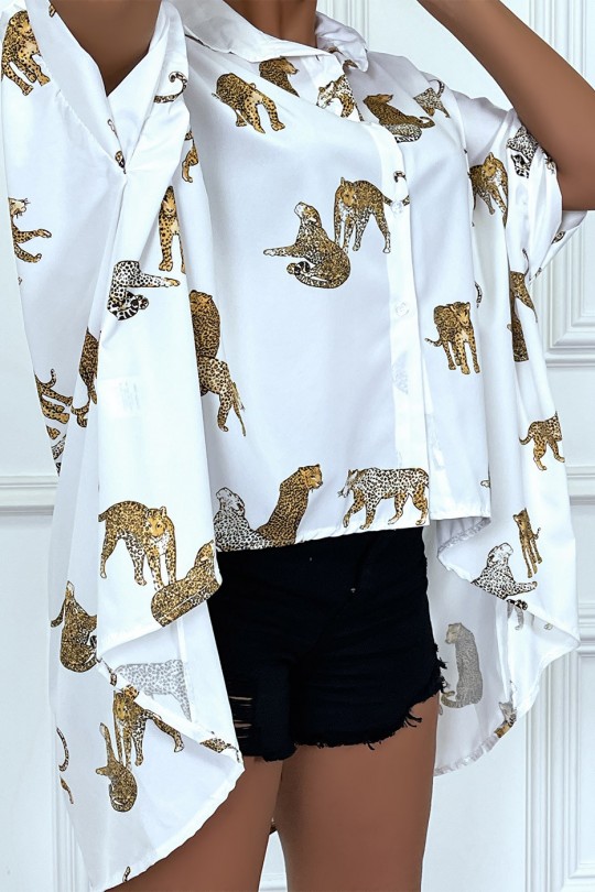 Chemise blanche longue à l'arrière, imprimés léopard avec manches amples - 5
