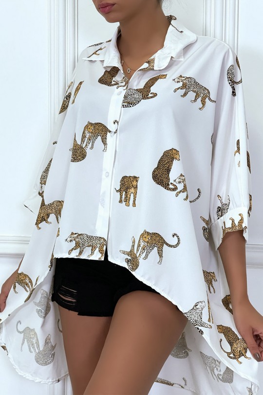Chemise blanche longue à l'arrière, imprimés léopard avec manches amples - 6