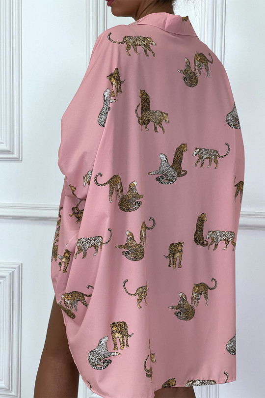 Lang roze shirt aan de achterkant, luipaardprints met losse mouwen - 1