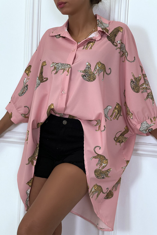 Long pink shirt at the back, leopard prints with loose sleeves - 2