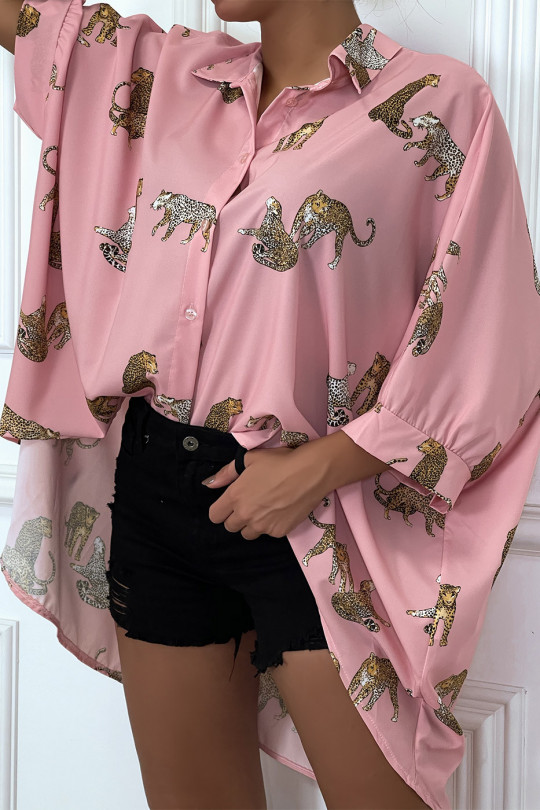 Lang roze shirt aan de achterkant, luipaardprints met losse mouwen - 3