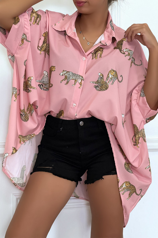 Lang roze shirt aan de achterkant, luipaardprints met losse mouwen - 5