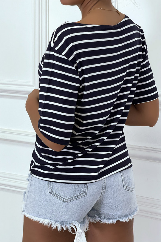 Loose navy sailor-style t-shirt, with 3/4 sleeves - 3
