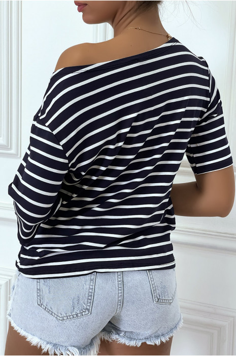Ruim marineblauw t-shirt in matrozenstijl, met 3/4 mouwen - 4