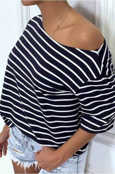 Loose navy sailor-style t-shirt, with 3/4 sleeves - 1