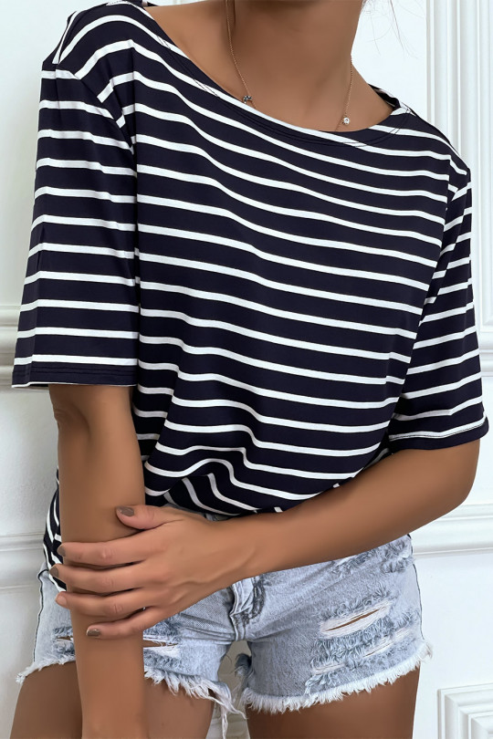 Loose navy sailor-style t-shirt, with 3/4 sleeves - 2