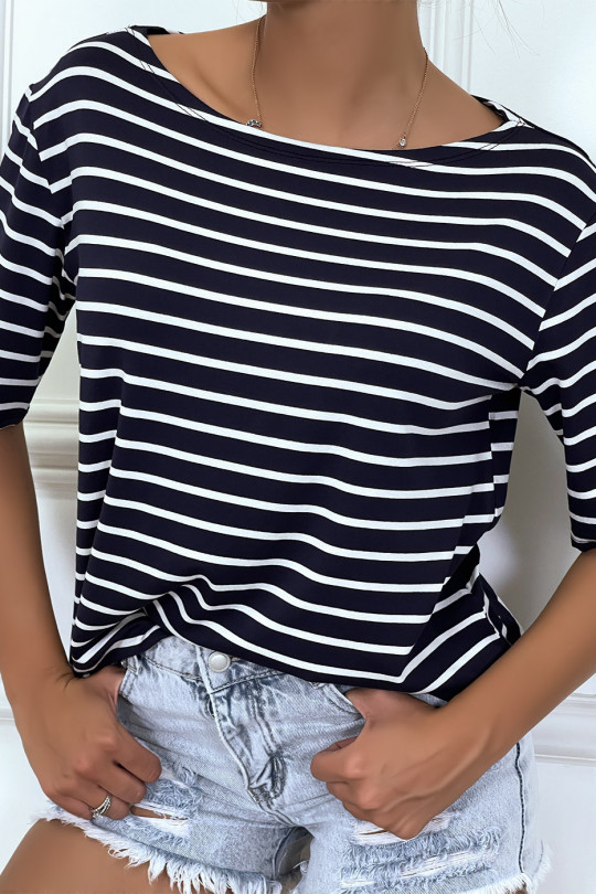 Loose navy sailor-style t-shirt, with 3/4 sleeves - 5