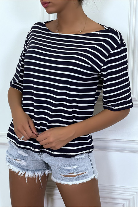 Ruim marineblauw t-shirt in matrozenstijl, met 3/4 mouwen - 8